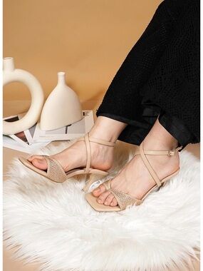 Strappy Beige Square-Toe Ankle Strap Sandals